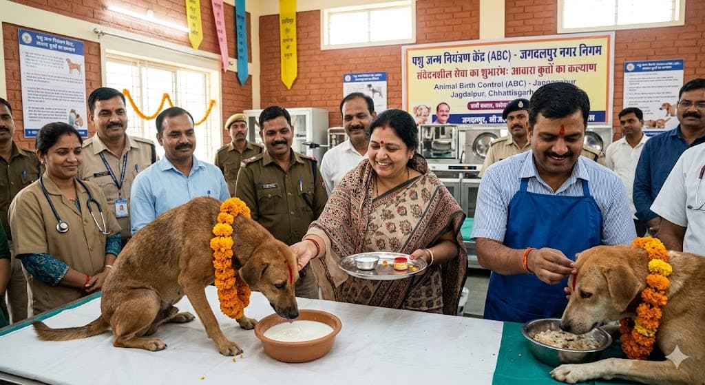 जगदलपुर में नसबंदी से पहले आवारा कुत्तों की आरती-तिलक
