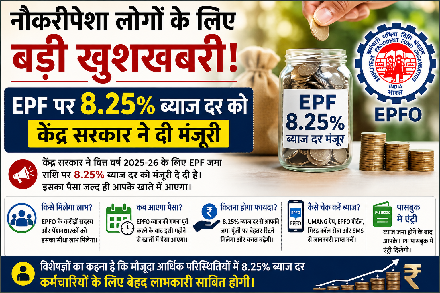 नौकरीपेशा लोगों के लिए बड़ी खुशखबरी: EPF पर 8.25% ब्याज दर को मंजूरी, जल्द खातों में आएगा पैसा